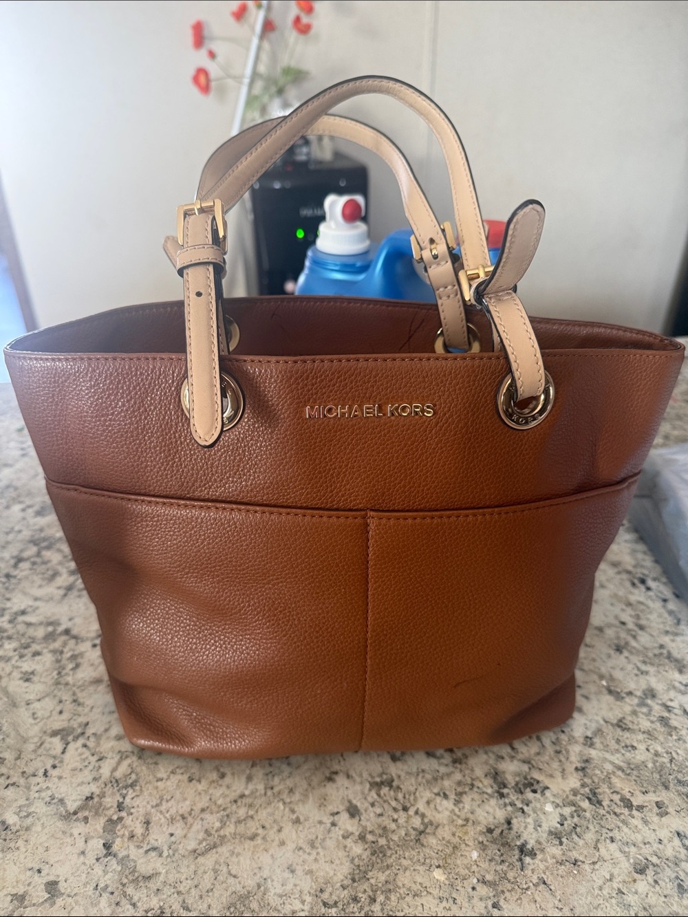 Michael Kors Two-Tone Brown Leather Tote with Beige Handles
